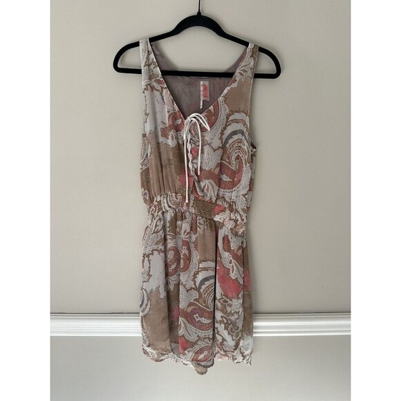 Free People Falling For Georgette Tan Paisley Sleeveless Chiffon Dress M Pockets - Picture 1 of 7